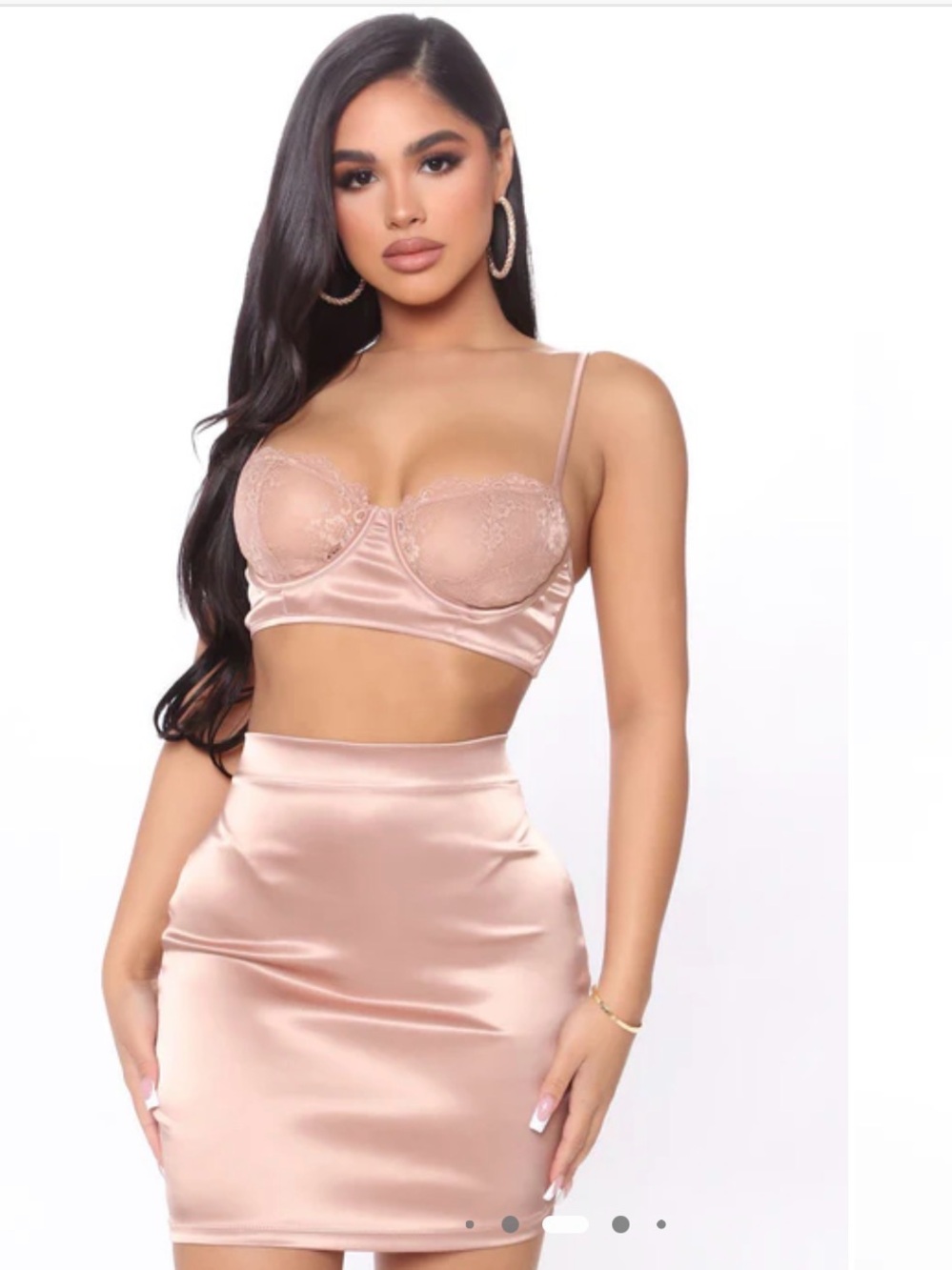 Fashion Nova Satin Lace Bralette and Mini Skirt Set - Blush Pink